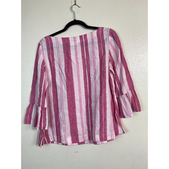 Charter Club Pink White Striped Linen Blouse size Medium Petite Lagenlook Bell S - Picture 2 of 13